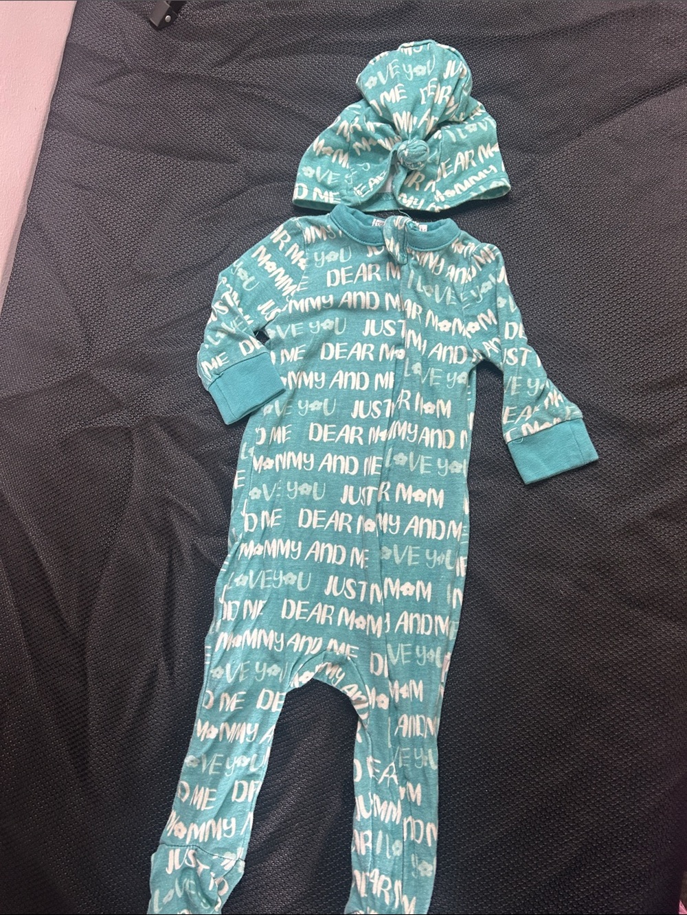 Mothers Promise Teal Script Baby Romper with Matching Knot Hat